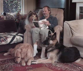 Bob Stall with dogs Sundance (collie) Spanky (German shepherd) and Sadie (golden retriever) relaxes at home after having a heart attack in 1999.