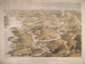 Picturesque map for "The New El Dorado," purporting to show the location of the Fraser River Gold Rush in 1858. The full tiitle is "The New El Dorado, A Complete View Of The Newly Discovery Gold Fields In British North America, With Vancouver Island And The Whole Of The Sea-Bord From Cape Flattery To Prince iof Wales Island." Photo courtesy of westcoastplacer.com