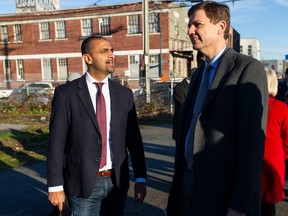 Housing Minister Ravi Kahlon with Premier David Eby in March, 2023.