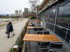 Restaurant patio with a view along English Bay beach in Vancouver’s west end.