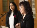 B.C. Attorney General Niki Sharma (left) and Carol Todd, mother of the late Amanda Todd, make an announcement about protections against the sharing of intimate images without permission in Victoria on Monday.
