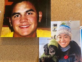 Photo by Todd Marr and Const.  Nicole Chan pinned to the whiteboard in Elenore Sturko's office.  They are the two people who have influenced the private members bill that Sturko will introduce on Wednesday, March 8, 2023. Both committed suicide a day after being released from hospital.