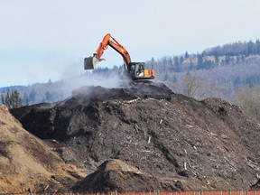 An excavator works atop a steaming pile of manure and green waste in Abbotsford.