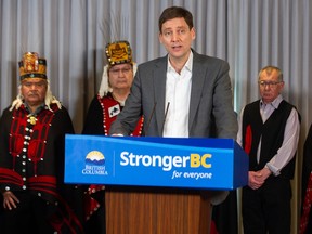 Premier David Eby at the Vancouver Convention Centre on Tuesday for the announcement of the province's approval of the $2.4-billion Cedar LNG project near Kitimat on B.C.'s north-central coast.