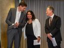 Premier David Eby, Haisla Nation Chief Councilor Crystal Smith and BC Environment Minister George Heyman (left to right) at Tuesday's announcement of the province's approval of the .4-billion Cedar LNG project near Kitimat on BC's north-central coast.