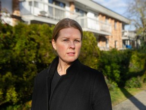 City Coun. Rebecca Bligh in the 1900-block of West 5th Avenue in Vancouver on March 15. The Broadway plan is intended to bring redevelopment to the area.