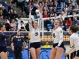 UBC versus TWU during gold-medal-game action of the U Sports Women's Volleyball National Championship at UBC on March 19. Pictured is Kacey Jost (17), Elise Petit (3), Jayde Robertsen (8) and Issy Robertshaw (5).