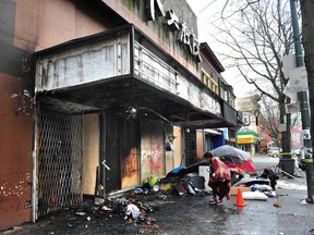 Scene of a tent fire on Main St outside the Imperial Theatre  in Vancouver on March 20, 2023.