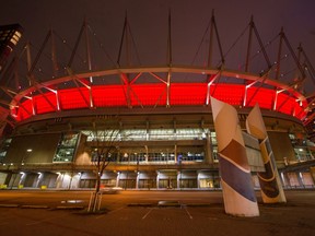 BC Place lit up for World Tuberculosis (TB) Day in Vancouver on March 24, 2021.