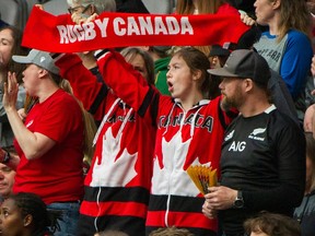 Fans enjoy a game between Canada and Scotland at the 2022 Canada Sevens at B.C. Place.