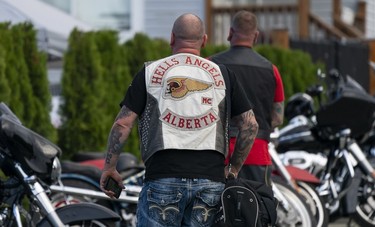 Member of the Hells Angels from Alberta arrives at the Nanaimo Hells Angels' clubhouse in Nanaimo, BC, July, 20, 2018.