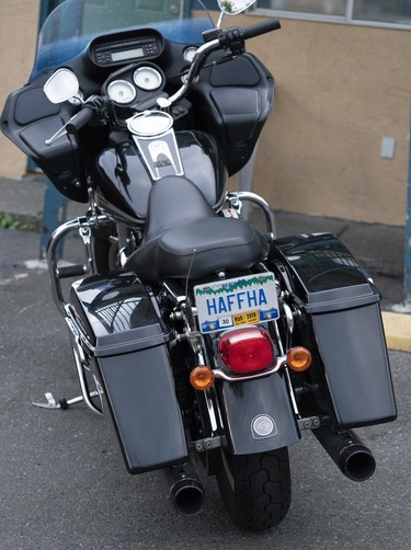A motorcycle with vanity plates HAFFHA (Hells Angels Forever Forever Hells Angels) is parked outside a motel in Nanaimo, BC, July, 20, 2018.