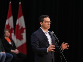 Federal Conservative leader Pierre Poilievre speaks in New Westminster on Tuesday.