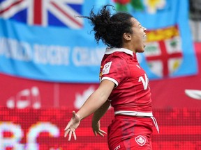 Canada's Fancy Bermudez celebrates her second try against Ireland during HSBC Canada Sevens women's rugby action, in Vancouver on Sunday, March 5, 2023.