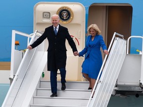 U.S. President Joe Biden and First Lady Jill Biden arrive at Ottawa/Macdonald–Cartier International Airport ahead of an official state visit in Ottawa, Thursday, March 23, 2023.