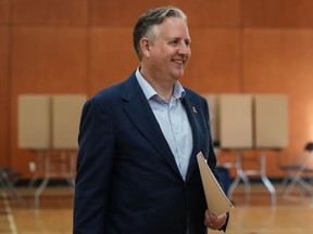 Former Vancouver mayor Kennedy Stewart carries his civic election ballot after marking it as he votes at an advance poll in Vancouver on Oct. 13, 2022.