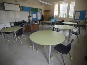 A classroom is seen during a media tour of Hastings Elementary school in Vancouver on Sept. 2, 2020. More than 40,000 school support staff in B.C. have ratified new contracts.