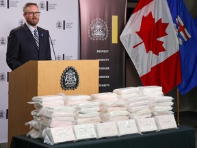 Staff Sgt. Mark Rahn with the Calgary Police Service organized crime operations unit speaks about the seizure of over 90 kg of cocaine worth $5.4 million on Thursday, April 6, 2023.