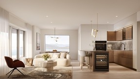 Suite interiors, designed by Andrés Escobar and Lemay_id, are quietly luxurious, with natural-toned palettes featuring engineered wood floors, high-end European kitchens and appliances, custom closets and triple-glazed windows with motorized blinds.