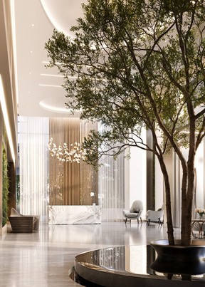 A brushed-steel-and-glass entry off Nelson St. opens to a serene-feeling lobby with walls of fluted stone and glass, porcelain flooring, a living plant wall and a live-tree fountain.