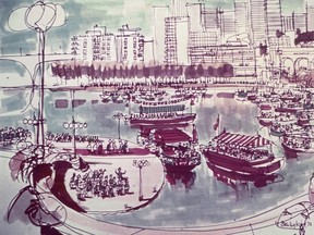 Stanley King drew this images based on surveys of close to 1,000 people who were asked to describe a perfect day in an imagined False Creek community.