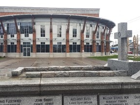 The Cloverdale cenotaph without the bronze sculpture of a First World War soldier. Surrey RCMP are investigating after the sculpture was vandalized and knocked down.