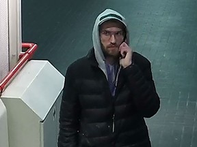 Metro Vancouver Transit Police have released these images of a suspect after a man was stabbed and sent to hospital on a SkyTrain in Surrey on April 15, 2023.
