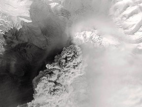 A satellite image shows the erupting Shiveluch volcano on Russia's Kamchatka Peninsula on Wednesday.