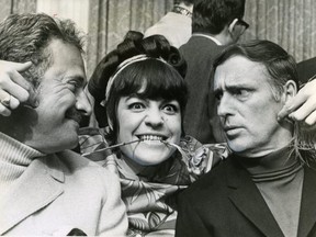 Joanne Worley (with rose) with Dan Rowan (left) and Dick Martin in Vancouver on April 25, 1968, when all three appeared at The Cave in Vancouver for five days. The trio were on Rowan and Martin's Laugh-in, one of the most successful TV shows of the late 1960s.