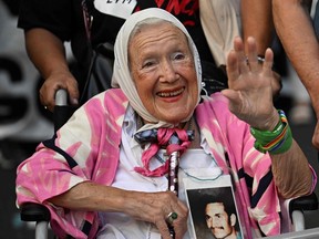 Member of the Argentine human rights group "Madres de Plaza de Mayo," Nora Cortinas attends a march to commemorate the 47th anniversary of the coup at Plaza de Mayo Square in Buenos Aires on March 24, 2023. - About 30,000 people went missing after being arrested during the right-wing military regime accused of being leftist sympathizers or deemed subversive, according to Human Rights organizations. (Photo by Luis ROBAYO / AFP)