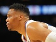 Apr 16, 2023; Phoenix, Arizona, USA; LA Clippers guard Russell Westbrook (0) looks on against the Phoenix Suns during the first half of game one of the 2023 NBA playoffs at Footprint Center.
