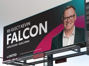 B.C. United Leader Kevin Falcon on an artist's conception of an election billboard with the rebranded party's new logos and imagery.