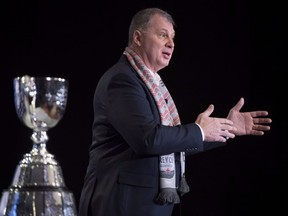 CFL Commissioner Randy Ambrosie addresses the media during the State of the League news conference at Grey Cup week in Edmonton, Friday, November 23, 2018. The Ottawa Redblacks will play the Calgary Stampeders in the 106th Grey Cup on Sunday.
