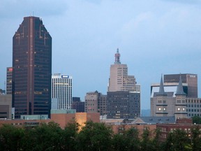 Buildings stand in the skyline of St. Paul, Minnesota.