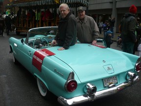Red Robinson and Rich Elwood ready for the ride in the 1955 Thunderbird at the front of the of Vancouver's 2015 St. Patrick Days Parade.