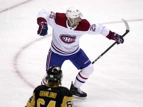 Montreal Canadiens' Denis Gurianov (25) celebrates his goal against the Pittsburgh Penguins during the first period of an NHL hockey game in Pittsburgh, Tuesday, March 14, 2023.