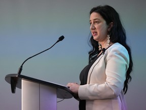 B.C. Human Rights Commissioner Kasari Govender speaks in Vancouver, on Tuesday, March 7, 2023. Govender is calling a recent court decision for a workplace discrimination case involving the mother of a young child "a significant win for gender equality."
