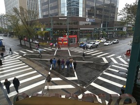 Edmonton’s pedestrian scramble on Jasper Avenue and 104 Street.