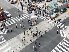 Toronto’s pedestrian scramble at Yonge Street at Dundas Street.