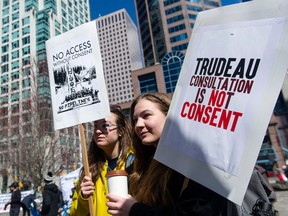 More than 100 people gather at the Vancouver Art gallery prior to marching to the RBC main branch in Vancouver to take part in a protest against bank funding of fossil fuel projects, Saturday, April 1, 2023.