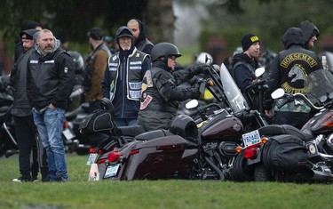 Lacking a clubhouse in East Vancouver to congregate at due to its recent seizure by the government, members of the Hells Angels motorcycle club and affiliated club members gathered at Ocean View Cemetery in Burnaby, BC Saturday, April 8, 2023 to pay their respects to late member David Swartz. Held every year, the Screwy Ride sees hundreds of bikers gathering for the event. (Photo by Jason Payne/ PNG)Lacking a clubhouse in East Vancouver to congregate at due to its recent seizure by the government, members of the Hells Angels motorcycle club and affiliated club members gathered at Ocean View Cemetery in Burnaby, BC Saturday, April 8, 2023 to pay their respects to late member David Swartz. Held every year, the Screwy Ride sees hundreds of bikers gathering for the event. (Photo by Jason Payne/ PNG)