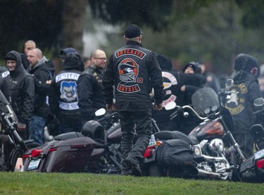 Lacking a clubhouse in East Vancouver to congregate at due to its recent seizure by the government, members of the Hells Angels motorcycle club and affiliated club members gathered at Ocean View Cemetery in Burnaby, BC Saturday, April 8, 2023 to pay their respects to late member David Swartz. Held every year, the Screwy Ride sees hundreds of bikers gathering for the event. (Photo by Jason Payne/ PNG)