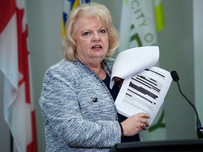 Surrey Mayor Brenda Locke with the 500-word provincial report on city policing on Friday, April 28, 2023.