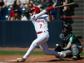 Vancouver Canadians DH Cade Doughty in action against the Eugene Emeralds at Nat Bailey Stadium in Vancouver, BC Saturday, April 29, 2023.
