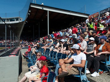 Fans enjoy the warm weather and sunshine as the Vancouver Canadians play the Eugene Emeralds at Nat Bailey Stadium in Vancouver, BC Saturday, April 29, 2023.