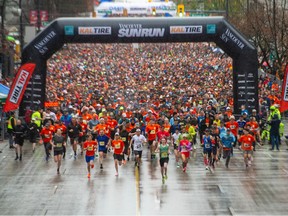The second group of runners take off as thousands participate in the 2023 Sun Run in Vancouver on April 16, 2023.