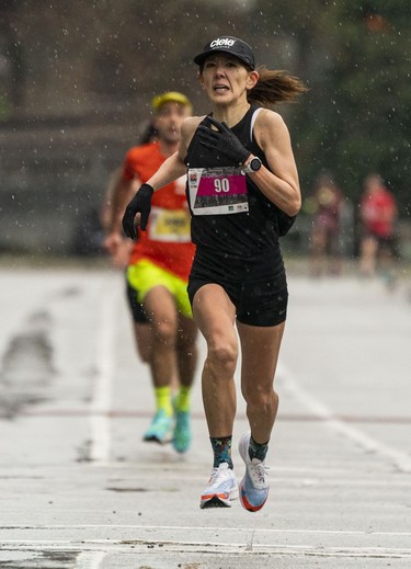 Eriko Soma runs to the finish of the 2023 Sun Run in Vancouver on April 16, 2023.