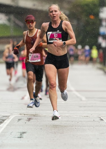 Jessica Kaiser sprints to the finish of the 2023 Sun Run in Vancouver on April 16, 2023.