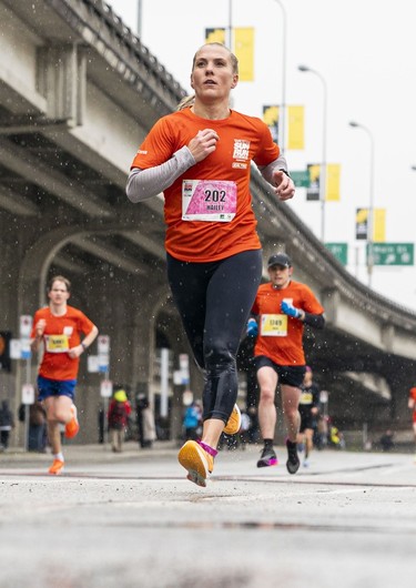 Hailey Thompson heads to the finish of the 2023 Sun Run in Vancouver on April 16, 2023.