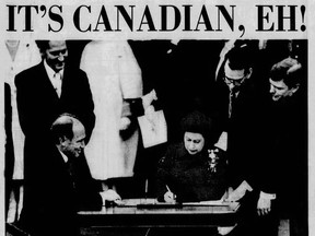 The Province front page from April 18, 1982. Canada became a modern, liberal democracy on April 17, 1982 at 8:35 a.m. Queen Elizabeth II signed a document that Prime Minister Pierre Trudeau kept a hand on so that it wouldn't blow away.